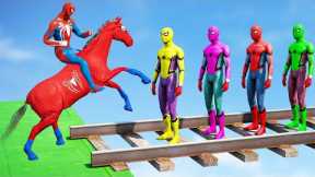 GTA 5 Gameplay Ragdolls Red Spiderman Horse On Spiderman Color Bridge Parkour (Funny Moments Fails)